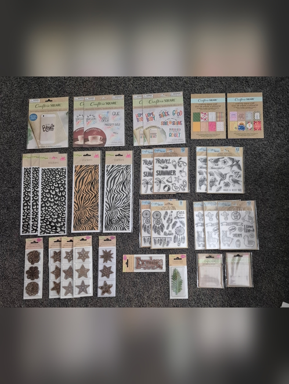 30pc Crafter’s Square Stamping & Craft Lot - Clear Stamps, Wood Icons, Paper Pad